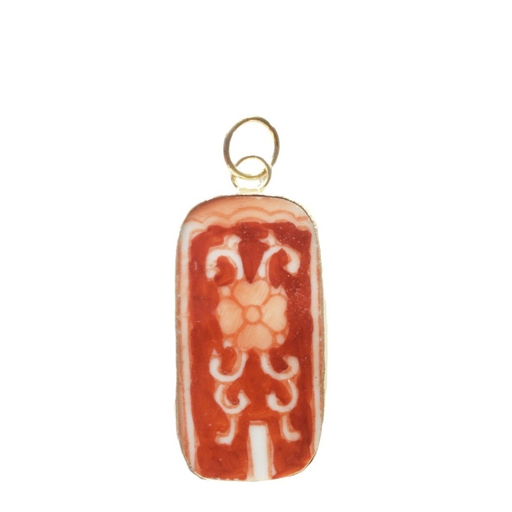 Vintage Repurposed Porcelain Floral Pendant Red Orange Chinoiserie Focal Jewelry